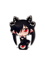 Rule 34 | 1girl, 1other, arm support, backbeako (torotei), backbeard, black dress, black gloves, black hair, black ribbon, black thighhighs, blush, chibi, commentary request, dress, elbow gloves, gegege no kitarou, gloves, hair over one eye, hair ribbon, leaning forward, long hair, looking at viewer, motion lines, open mouth, original, partial commentary, pointy ears, red eyes, ribbon, simple background, sleeveless, sleeveless dress, slit pupils, thighhighs, torotei, triangle mouth, twintails, white background