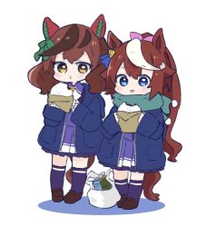 Rule 34 | 2girls, :t, animal ears, bag, baozi, blue eyes, blue jacket, blush, bottle, bow, brown eyes, brown footwear, brown hair, chibi, closed mouth, colored shadow, ear bow, eating, food, green bow, hair ribbon, highres, holding, holding food, horse ears, horse girl, horse tail, jacket, loafers, long sleeves, multicolored hair, multiple girls, nice nature (umamusume), nozo (hitomiz), open clothes, open jacket, pink ribbon, plastic bag, pleated skirt, ponytail, purple legwear, purple shirt, purple skirt, ribbon, school uniform, shadow, shirt, shoes, skirt, sleeves past wrists, standing, streaked hair, tail, thighhighs, tokai teio (umamusume), tongue, tongue out, tracen school uniform, umamusume, white background, white hair
