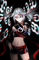 Rule 34 | 1girl, bare shoulders, belt, black choker, black jacket, black shorts, can, choker, cowboy shot, crop top, cropped jacket, dive to zone, energy drink, eyepatch, groin, hand on own hip, highres, holding, holding can, jacket, lam (ramdayo), long hair, long sleeves, looking at viewer, midriff, navel, off-shoulder jacket, off shoulder, outstretched arm, parted lips, power symbol, red eyes, red ribbon, red shirt, ribbon, shirt, short shorts, shorts, silver hair, smile, solo, standing, stomach, symbol-shaped pupils, thighs, twintails