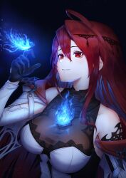 Rule 34 | 1girl, absurdres, ahoge, allister vinris, bare shoulders, blue fire, blue hair, breasts, cleavage, colored inner hair, detached sleeves, dress, elizabeth rose bloodflame, fire, highres, hololive, hololive english, huge ahoge, large breasts, long hair, multicolored hair, open mouth, red eyes, red hair, see-through clothes, see-through cleavage, smile, solo, very long hair, virtual youtuber, white dress