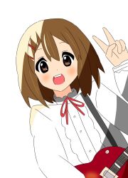 1girl blush brown_eyes brown_hair dot_nose guitar hair_ornament hairclip hirasawa_yui instrument k-on! long_sleeves looking_at_viewer mynt_tkk open_mouth shirt short_hair simple_background solo standing teeth v white_background white_shirt