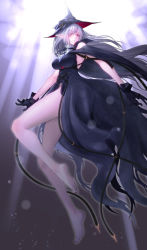 Rule 34 | 1girl, arknights, bare arms, bare legs, bare shoulders, barefoot, black dress, black gloves, breasts, commentary request, dress, eyes visible through hair, from side, full body, gladiia (arknights), gloves, hair over one eye, hat, highres, long hair, looking away, mixed-language commentary, pointy ears, red eyes, silver hair, soles, sunlight, underwater, yamauchi (conan-comy)