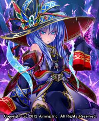 Rule 34 | 10s, 1girl, 2012, black thighhighs, blue eyes, blue hair, bug, butterfly, cape, dated, detached sleeves, hat, insect, jewelry, kentairui, looking at viewer, lord of knights, matching hair/eyes, necklace, official art, reti (lord of nights), sitting, solo, thighhighs, watermark, witch hat