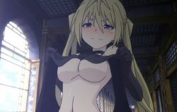 Rule 34 | 10s, blonde hair, blush, breasts, clothes lift, gloves, large breasts, lieselotte sherlock, purple eyes, screencap, shirt lift, trinity seven, twintails, underboob