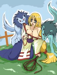 Rule 34 | animal, arc the lad, arc the lad ii, bare shoulders, blonde hair, blue eyes, breasts, cleavage, dress, highres, large breasts, lieza (arc the lad), long hair, mannmaro, open mouth, very long hair, whip, wolf