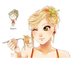 Rule 34 | 1girl, bare arms, blonde hair, blush stickers, chibi, collarbone, dress, earrings, food, food-themed clothes, fork, green eyes, hair bun, hair ornament, holding, jewelry, lips, long hair, meago, one eye closed, orange dress, original, pasta, personification, ponytail, signature, simple background, single hair bun, sketch, smile, solo, spaghetti, upper body, wink