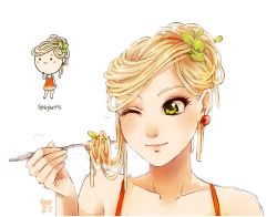 Rule 34 | 1girl, bare arms, blonde hair, blush stickers, chibi, collarbone, dress, earrings, female focus, food, food-themed clothes, fork, green eyes, hair bun, hair ornament, holding, jewelry, lips, long hair, meago, one eye closed, orange dress, original, pasta, personification, ponytail, signature, simple background, single hair bun, sketch, smile, solo, spaghetti, upper body, wink