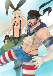 Rule 34 | 1boy, 1girl, bandana, big boss, big boss (cosplay), breasts, cosplay, costume switch, crossdressing, crossover, fingerless gloves, gloves, gradient background, ikuyoan, kantai collection, manly, metal gear (series), metal gear solid, navel, shimakaze (kancolle), shimakaze (kancolle) (cosplay), small breasts, striped clothes, striped thighhighs, suspenders, thighhighs, what