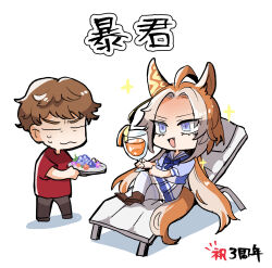 Rule 34 | 1boy, 1girl, ahoge, animal ears, anniversary, bow, bowtie, brown footwear, brown hair, chibi, cocktail glass, commentary, crossed legs, cup, deck chair, drinking glass, ear covers, ear ornament, fang, food, fruit, full body, grapes, hair intakes, highres, holding, holding cup, holding plate, horse ears, horse girl, horse tail, ikezoe ken&#039;ichi, juice, long hair, mebu, multicolored hair, open mouth, orange (fruit), orange hair, orange juice, orange slice, orfevre (umamusume) (old design), plate, puffy short sleeves, puffy sleeves, purple bow, purple bowtie, purple eyes, purple shirt, real life, red shirt, sailor collar, sailor shirt, school uniform, shadow, shirt, short hair, short sleeves, single ear cover, skirt, summer uniform, tail, thighhighs, tracen school uniform, translated, two-tone hair, umamusume, very long hair, very short hair, white sailor collar, white skirt, white thighhighs