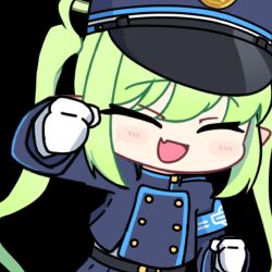 Rule 34 | 1girl, ^ ^, acomu414, animated, animated gif, armband, bad source, black jacket, blue archive, blue armband, buttons, chibi, clenched hand, closed eyes, commentary, double-breasted, foreshortening, gloves, green hair, hat, jacket, long hair, long sleeves, looping animation, lowres, nozomi (blue archive), outstretched arm, peaked cap, pointy ears, punching, symbol-only commentary, train conductor, transparent background, twintails, upper body, white gloves