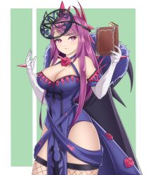 Rule 34 | 1girl, absurdres, blue dress, book, breasts, cleavage, commentary, cowboy shot, detached sleeves, dress, elbow gloves, fire emblem, fire emblem engage, fishnet thighhighs, fishnets, gloves, green background, hands up, highres, holding, holding book, ivy (fire emblem), large breasts, long hair, nintendo, pelvic curtain, purple eyes, purple hair, short sleeves, solo, standing, succducc888, thighhighs, thighs, white gloves