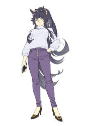 Rule 34 | 1girl, animal ears, bandaid, bandaid on face, bandaid on nose, black hair, brown footwear, buttons, casual, ear ornament, full body, hand in pocket, highres, holding, horse ears, horse girl, horse tail, long hair, long sleeves, looking at viewer, looking down, narita brian (umamusume), official alternate costume, pants, purple pants, rope, ruukii drift, shimenawa, shirt, sidelocks, simple background, sketch, solo, tail, umamusume, very long hair, white background, white shirt, yellow eyes