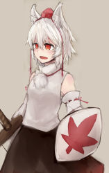 Rule 34 | 1girl, animal ears, bare shoulders, detached sleeves, grey background, hat, inubashiri momiji, looking away, masa (neku), open mouth, pom pom (clothes), red eyes, ribbon-trimmed sleeves, ribbon trim, shield, short hair, silver hair, simple background, solo, sword, tokin hat, touhou, weapon, wolf ears