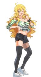 Rule 34 | 1girl, ;d, absurdres, ahoge, bad id, bad pixiv id, black shorts, black thighhighs, blonde hair, bracelet, breasts, cleavage, collarbone, curly hair, full body, gimnang, green eyes, hand on own hip, highres, hoshii miki, idolmaster, idolmaster (classic), jewelry, long hair, looking at viewer, medium breasts, midriff, navel, necklace, off-shoulder shirt, off shoulder, one eye closed, open mouth, shirt, shoes, short shorts, shorts, simple background, smile, sneakers, solo, standing, stomach, striped clothes, striped shirt, thighhighs, v, very long hair, white background, white footwear, zettai ryouiki