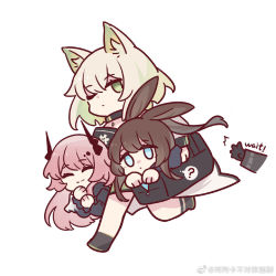 Rule 34 | 1other, 3girls, ?, amiya (arknights), animal ears, arknights, bag, black footwear, black gloves, black jacket, blue eyes, brown hair, carrying, carrying under arm, chinese commentary, choker, commentary request, demon horns, doctor (arknights), dress, closed eyes, gloves, holding, holding bag, horns, jacket, kal&#039;tsit (arknights), kaleka, long hair, looking at viewer, multiple girls, one eye closed, out of frame, pink hair, rabbit ears, shirt, smile, theresa (arknights), very long hair, weibo watermark