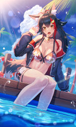 Rule 34 | 1girl, absurdres, animal ear fluff, animal ears, bare legs, bikini, bikini under clothes, black choker, black hair, black jacket, blue sky, blush, breasts, choker, cleavage, cloud, cloudy sky, commentary, day, fang, hair between eyes, hair ornament, highres, hololive, huge filesize, jacket, leaf print, lifebuoy, long hair, long sleeves, looking at viewer, mazel (mazel star), medium breasts, midriff, multicolored hair, navel, off shoulder, ookami mio, ookami mio (hololive summer 2019), open clothes, open jacket, open mouth, orange eyes, outdoors, pier, ponytail, red hair, short shorts, shorts, sitting, sky, soaking feet, solo, streaked hair, sunlight, swim ring, swimsuit, thigh strap, thighs, two-tone hair, unzipped, virtual youtuber, wet, white bikini, white shorts, wolf ears