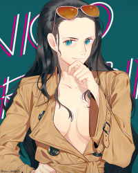 Rule 34 | 1girl, alternate costume, bad id, bad pixiv id, ban (bango), black hair, blue eyes, blue pupils, breasts, breasts apart, buttons, character name, stroking own chin, closed mouth, coat, collarbone, eyewear on head, forehead, hair over shoulder, hair slicked back, hand on own hip, hand on own chin, hand up, highres, long hair, long sleeves, looking at viewer, nico robin, no bra, no shirt, one piece, smile, solo, sunglasses, twitter username, unbuttoned, upper body, wide sleeves