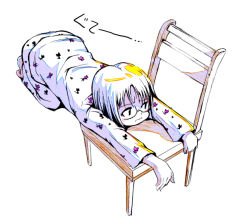 Rule 34 | 1girl, chair, glasses, kubocha, kubota, original, pajamas, short hair, simple background, solo, white background