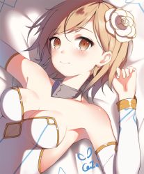 Rule 34 | 1girl, bad id, bad pixiv id, blush, breasts, brown eyes, cleavage, closed mouth, cosplay, djeeta (granblue fantasy), dress, elbow gloves, flower, gin00, glorybringer (granblue fantasy), gloves, granblue fantasy, highres, light brown hair, lying, medium breasts, on back, rose, short hair, smile, the glory (cosplay), white dress, white flower, white gloves, white rose