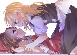 Rule 34 | 2girls, :d, bbr brbr, blonde hair, blush, bow, brown hair, couple, detached sleeves, dress, eye contact, hair bow, hakurei reimu, hands on another&#039;s wrists, imminent kiss, kirisame marisa, looking at another, lying, midriff peek, multiple girls, navel, no headwear, no headwear, on back, open mouth, puffy short sleeves, puffy sleeves, sash, short sleeves, smile, sweat, touhou, yellow eyes, yuri