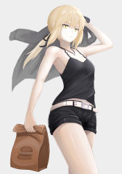 Rule 34 | armpits, artoria pendragon (all), artoria pendragon (fate), bad id, bad pixiv id, bag, belt, black tank top, blonde hair, breasts, burger, cleavage, fate (series), food, from below, highres, jacket, jacket on shoulders, long hair, looking at viewer, midriff, navel, official alternate costume, paper bag, ponytail, saber (fate), saber alter, saber alter (ver. shinjuku 1999) (fate), short shorts, shorts, small breasts, solo, tank top, thighs, third-party edit, white background, yellow eyes