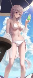 Rule 34 | 1girl, absurdres, bare shoulders, beach umbrella, bikini, blue sky, blunt bangs, braid, breasts, collarbone, commentary request, crown braid, cup, day, drinking glass, emilia (re:zero), feet out of frame, grey hair, hand up, highres, holding, holding cup, large breasts, long hair, long sleeves, looking at viewer, navel, nea (nea 77), off shoulder, parted lips, purple eyes, re:zero kara hajimeru isekai seikatsu, shirt, sky, solo, standing, stomach, swimsuit, thighs, umbrella, very long hair, whipped cream, white bikini, white shirt