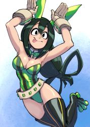 Rule 34 | 1girl, armpits, arms up, asui tsuyu, belt, black eyes, black hair, boku no hero academia, breasts, cleavage, detached collar, frog girl, gingrjoke, gloves, green leotard, green necktie, hair rings, highleg, highleg leotard, highres, leotard, long hair, looking at viewer, low-tied long hair, medium breasts, necktie, solo, striped clothes, striped leotard, thighhighs, tongue, tongue out