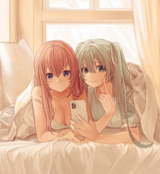 Rule 34 | 2girls, absurdres, ahoge, aqua hair, backlighting, bed sheet, blue eyes, blush, breasts, cellphone, cleavage, closed mouth, curtains, finger to another&#039;s cheek, frilled sleeves, frills, hatsune miku, highres, holding, holding phone, indoors, long hair, looking at viewer, lying, medium breasts, megurine luka, multiple girls, on bed, on stomach, phone, pillow, pink hair, purple eyes, short sleeves, sleeves past wrists, smartphone, smile, strap slip, tanupon, twintails, very long hair, vocaloid, window
