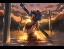 Rule 34 | 1girl, backlighting, blue hair, cloud, crossed arms, female focus, from side, hairband, lake, layered sleeves, leaf, letterboxed, long sleeves, onbashira, outdoors, purple hair, red eyes, scenery, short hair, short over long sleeves, short sleeves, solo, sunset, touhou, vica, wading, water, wet, wet clothes, yasaka kanako