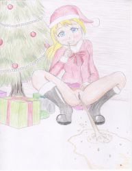Rule 34 | 1girl, anus, black footwear, blonde hair, blue eyes, blush, boots, bow, bowtie, christmas, christmas ornaments, christmas tree, clothes lift, finger to mouth, fur-trimmed boots, fur-trimmed headwear, fur-trimmed jacket, fur trim, gift, grin, hat, heart, highres, jacket, long hair, long sleeves, looking at viewer, no panties, omocommando, peeing, pink neckwear, pom pom (clothes), puddle, purple skirt, pussy, red headwear, red jacket, santa costume, santa hat, skirt, skirt lift, smile, squatting, striped, striped neckwear, teeth, tree, uncensored