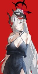 Rule 34 | 1girl, absurdres, azuisei, bare shoulders, black dress, black hair, black halo, black horns, blue archive, blue eyes, breasts, cleavage, collarbone, commentary, crossed arms, dress, earrings, elbow gloves, gloves, grey hair, hair over one eye, halo, highres, horns, jewelry, large breasts, long hair, looking at viewer, makoto (blue archive), makoto (dress) (blue archive), multicolored hair, official alternate costume, pointy ears, red background, simple background, solo, streaked hair, thighs, very long hair