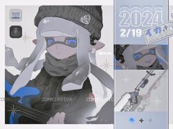 Rule 34 | 1girl, 2024, artist name, beanie, black sweater, blue eyes, blunt bangs, border, closed mouth, colored sclera, commentary, commission, dated, e-liter 4k (splatoon), earrings, expressionless, gradient hair, grey hair, grey hat, grey scarf, grey sclera, guitar, hat, highres, holding, holding guitar, holding instrument, ink mine (splatoon), inkling, inkling girl, inkling player character, instrument, izumi 087, jewelry, long hair, multicolored hair, nintendo, piercing, pointy ears, scarf, single earring, solo, sparkle, splatoon (series), sweater, symbol-only commentary, teeth, tentacle hair, tongue, tongue out, tongue piercing, two-tone hair, upper body, upper teeth only, watermark, wave breaker (splatoon), white border, white hair