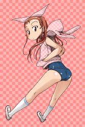 Rule 34 | 1girl, ass, brown eyes, brown hair, checkered background, hairband, hands in pockets, hood, hoodie, idolmaster, idolmaster (classic), kneehighs, long hair, looking back, minase iori, one-piece swimsuit, school swimsuit, socks, solo, swimsuit, swimsuit under clothes, ttomm, white socks