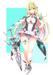 Rule 34 | 1girl, blonde hair, breasts, daive, elbow gloves, gloves, highres, large breasts, mythra (xenoblade), nintendo, panties, pantyshot, skindentation, sword, thighhighs, underwear, weapon, xenoblade chronicles (series), xenoblade chronicles 2, xenoblade chronicles (series), xenoblade chronicles 2, yellow eyes