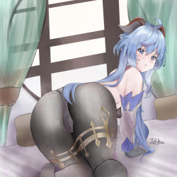 Rule 34 | 1girl, ahoge, all fours, ass, bare shoulders, blue hair, blush, bodysuit, breasts, cameltoe, detached sleeves, from behind, ganyu (genshin impact), genshin impact, gloves, highres, horns, huge ass, leotard, long hair, looking at viewer, looking back, open mouth, pantyhose, purple eyes, shiny skin, sideboob, solo, very long hair, waist cape, yukikaze sara