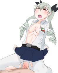 Rule 34 | 1boy, 1girl, anchovy (girls und panzer), anzio school uniform, bad id, bad pixiv id, blush, breasts, censored, clothed sex, clothes lift, cowgirl position, girl on top, girls und panzer, green hair, hetero, highres, lifted by self, medium breasts, nipples, open clothes, open mouth, open shirt, pantyhose, pussy, red eyes, sex, skirt, skirt lift, spread legs, straddling, thighhighs, torn clothes, torn pantyhose, twintails, vaginal