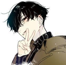Rule 34 | black eyes, black hair, black sweater, blush, brown coat, character request, coat, commentary request, copyright request, fingernails, hagiwara daisuke, hand up, long sleeves, looking at viewer, lowres, short hair, sweater, teeth, turtleneck, turtleneck sweater, upper body, v, white background
