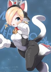 Rule 34 | 10s, 1girl, 2013, :d, animal costume, animal ears, animal hands, animal hood, ario, bell, blonde hair, blue background, blue eyes, cat costume, cat ears, cat girl, cat paws, cat rosalina, cat tail, collar, crown, dated, eyelashes, fake animal ears, gradient background, hair over one eye, hood, jingle bell, kemonomimi mode, mario (series), neck bell, nintendo, open mouth, rosalina, short hair, simple background, smile, solo, star (sky), super mario 3d world, super mario galaxy, tail