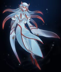 Rule 34 | 1girl, capelet, colored eyelashes, colored skin, commentary request, full body, gradient hair, highres, long hair, monster girl, multicolored hair, original, red eyes, red hair, ruteko (ruko220), sea angel, solo, see-through body, underwater, white hair, white skin, wide sleeves
