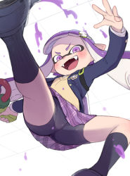 Rule 34 | 1girl, :d, bike shorts, black socks, blazer, blurry, chinese commentary, commentary request, depth of field, fangs, from below, holding, holding weapon, inkling, inkling girl, inkling player character, jacket, looking at viewer, mask, miniskirt, nintendo, open mouth, pointy ears, purple eyes, purple hair, school uniform, shorts, shorts under skirt, skirt, smile, socks, solo, splatoon (series), splattershot (splatoon), tentacle hair, ter (otokoter), thighs, v-shaped eyebrows, weapon