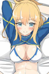 Rule 34 | 1girl, absurdres, arms behind head, arms up, artoria pendragon (fate), bed sheet, bikini, blonde hair, blue eyes, blue jacket, blush, breasts, cleavage, closed mouth, cropped jacket, fate/grand order, fate (series), flying sweatdrops, hair between eyes, highres, jacket, large breasts, long hair, looking at viewer, lying, moyoron, mysterious heroine x (fate), mysterious heroine xx (fate), navel, on back, short sleeves, shrug (clothing), sidelocks, smile, solo, spread legs, swimsuit, upper body, white bikini