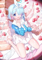 Rule 34 | 1girl, absurdres, arona (blue archive), bare legs, barefoot, blue archive, blue eyes, blue hair, blue halo, blue shirt, blush, bow, bow hairband, braid, cake, choker, colored inner hair, commentary request, cream, cream on face, feet, food, food on face, fork, fruit, hair over one eye, hairband, halo, hand up, highres, holding, holding fork, light blue hair, looking at viewer, miniskirt, multicolored hair, neckerchief, open mouth, pink hair, pleated skirt, sailor collar, shirt, shirt bow, short hair, single braid, sitting, skirt, solo, strawberry, toes, wariza, white choker, white hairband, white neckerchief, white sailor collar, white skirt, xy wang
