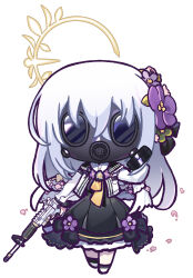 Rule 34 | 1girl, absurdres, assault rifle, azusa (blue archive), black dress, blue archive, dress, facing viewer, flower, full body, gas mask, gun, hair between eyes, hair flower, hair ornament, halo, hand up, highres, holding, holding gun, holding weapon, jacket, long hair, long sleeves, m4 carbine, mask, open clothes, open jacket, panatisia, pink flower, purple flower, rifle, shoes, simple background, solo, standing, very long hair, weapon, white background, white footwear, white hair, white jacket