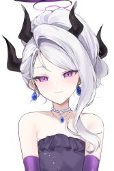 Rule 34 | 1girl, absurdres, black horns, blue archive, blush, closed mouth, demon horns, dress, elbow gloves, gloves, grey hair, halo, highres, hina (blue archive), hina (dress) (blue archive), horns, jewelry, long hair, looking at viewer, mindoll, multiple horns, necklace, official alternate costume, purple dress, purple eyes, purple gloves, simple background, smile, solo, strapless, strapless dress, white background