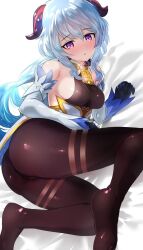 Rule 34 | 1girl, ass, bare shoulders, bed, blue hair, blush, bodysuit, breasts, cameltoe, detached sleeves, embarrassed, ganyu (genshin impact), genshin impact, gloves, goat horns, highres, horns, leotard, long hair, looking at viewer, lying, medium breasts, nam nguyen, on side, open mouth, pantyhose, parted lips, purple eyes, sideboob, solo, very long hair, waist cape