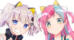 Rule 34 | 2girls, bare shoulders, black dress, blue eyes, blue hair, bra strap, close-up, closed mouth, collarbone, commentary request, dress, green eyes, grin, hair ornament, hairclip, highres, kaguya luna, long hair, looking at viewer, multicolored hair, multiple girls, nikki kyousuke, pink hair, pinky pop hepburn, portrait, sidelocks, silver hair, simple background, sleeveless, sleeveless dress, smile, the moon studio, twintails, two-tone hair, two side up, very long hair, virtual youtuber, white background