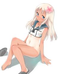 Rule 34 | 10s, 1girl, arm support, blonde hair, blue eyes, bottomless, crop top, flower, flower on head, from above, full body, hair flower, hair ornament, haru (renol), hibiscus, highres, kantai collection, long hair, looking at viewer, navel, no panties, one-piece tan, ro-500 (kancolle), sailor collar, sandals, school uniform, serafuku, serious, simple background, single shoe, sitting, solo, tan, tanline, thighs