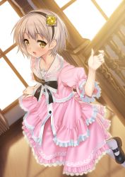 Rule 34 | 1girl, :d, backlighting, blush, dress, hairband, highres, looking at viewer, mary janes, open mouth, original, pantyhose, pink dress, shoes, short hair, silver hair, smile, solo, sunlight, suzume inui, window, window shadow, yellow eyes