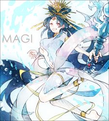 Rule 34 | 1girl, ankle cuffs, anklet, armlet, bad id, bad pixiv id, barefoot, blue hair, choker, earrings, forehead jewel, hair ornament, hair rings, hoshiko (shu-kuri-mu), jewelry, long hair, lots of jewelry, magi the labyrinth of magic, navel, red eyes, ren kougyoku, see-through, smile, solo, very long hair, water, weapon