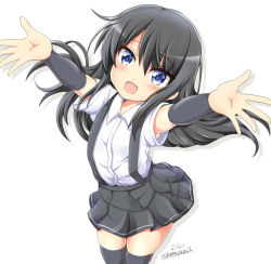 Rule 34 | 1girl, arm warmers, asashio (kancolle), black hair, black thighhighs, blue eyes, hands up, highres, kantai collection, long hair, pleated skirt, school uniform, shirt, short sleeves, skirt, solo, suspenders, tamayan, thighhighs, twitter username, white background, white shirt